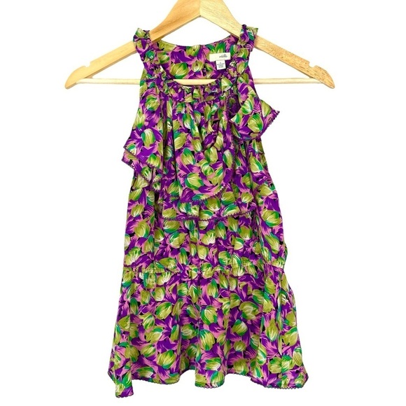 Odille Anthropologie 100% Silk Floral Ruffle Blouse Sleeveless Girly Coquette - Picture 5 of 15